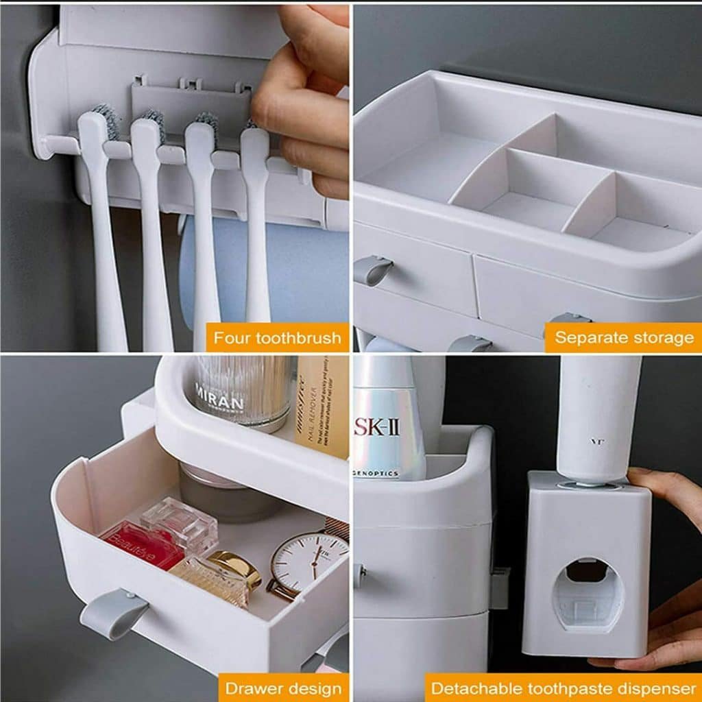 Cosmetic Storage Box with Toothpaste Dispenser Squeezer and holder