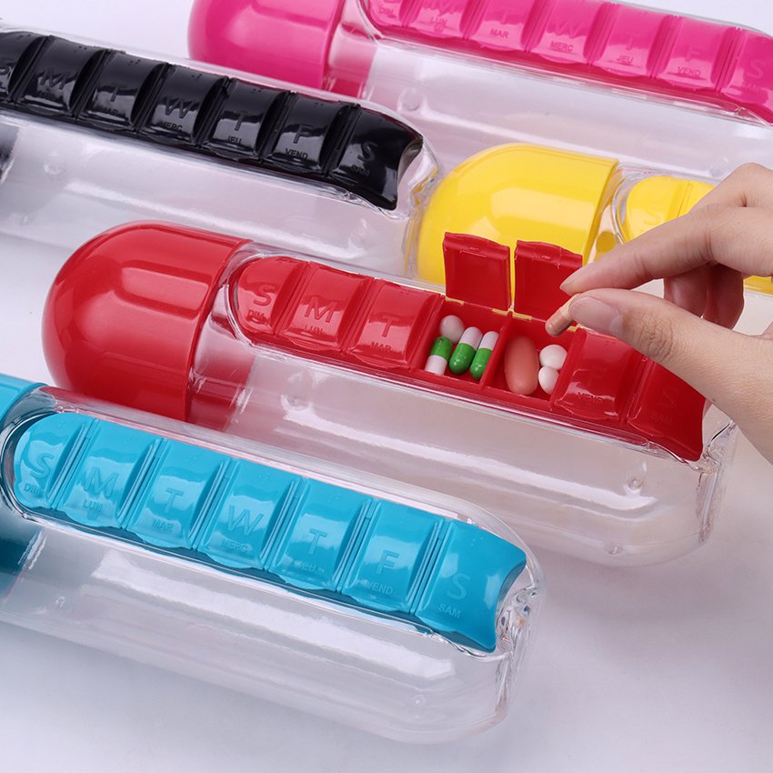 Water Bottle with Removable 7 Day Pill Organizer & Drinking Cup