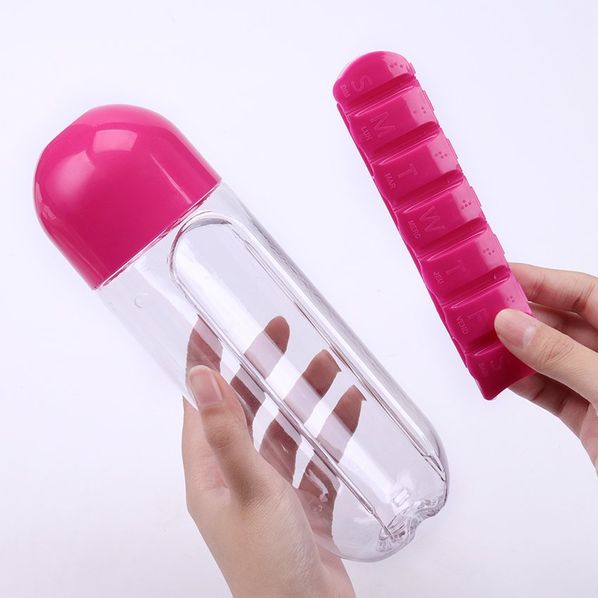 Water Bottle with Removable 7 Day Pill Organizer & Drinking Cup