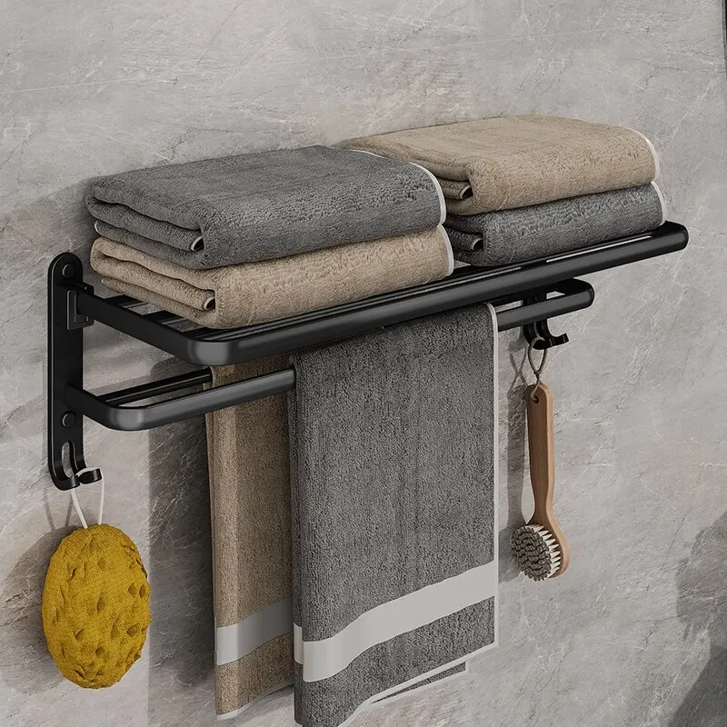 Matte Black Folding Towel Rack With Hook