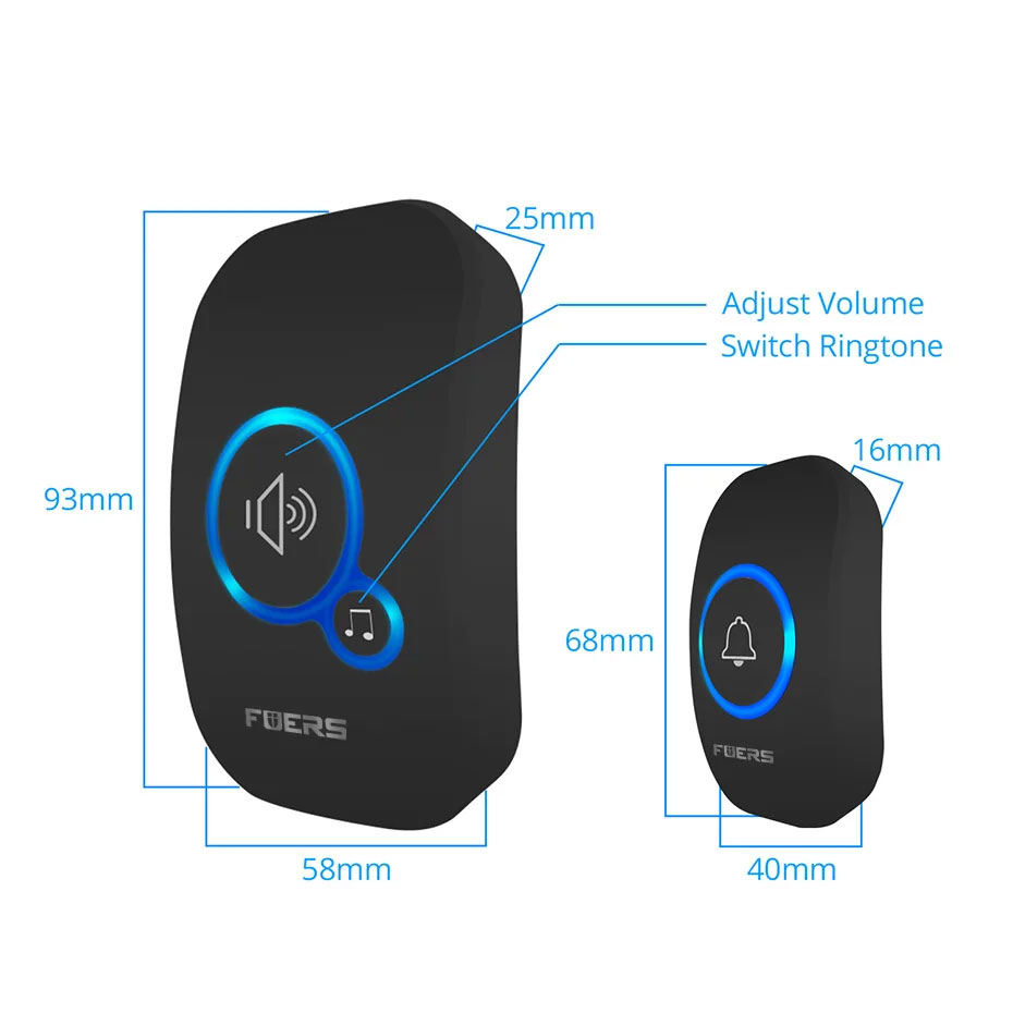 Wireless doorbell with chime Size