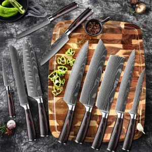 Glare Knife Set with 1-10 Chef Knives, Featuring Laser-Cut Damascus Patterns for Ultra-Sharp Precision in Cleaving, Slicing, and Utility Tasks