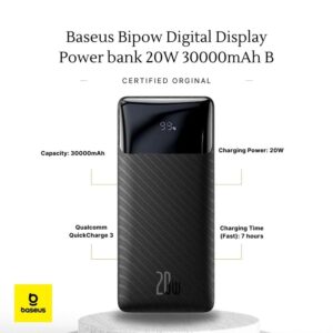 Baseus Bipow Digital Display Power bank 20W 30000mAh Black with Fast Charge Technology & Quick Charging in 7 Hours