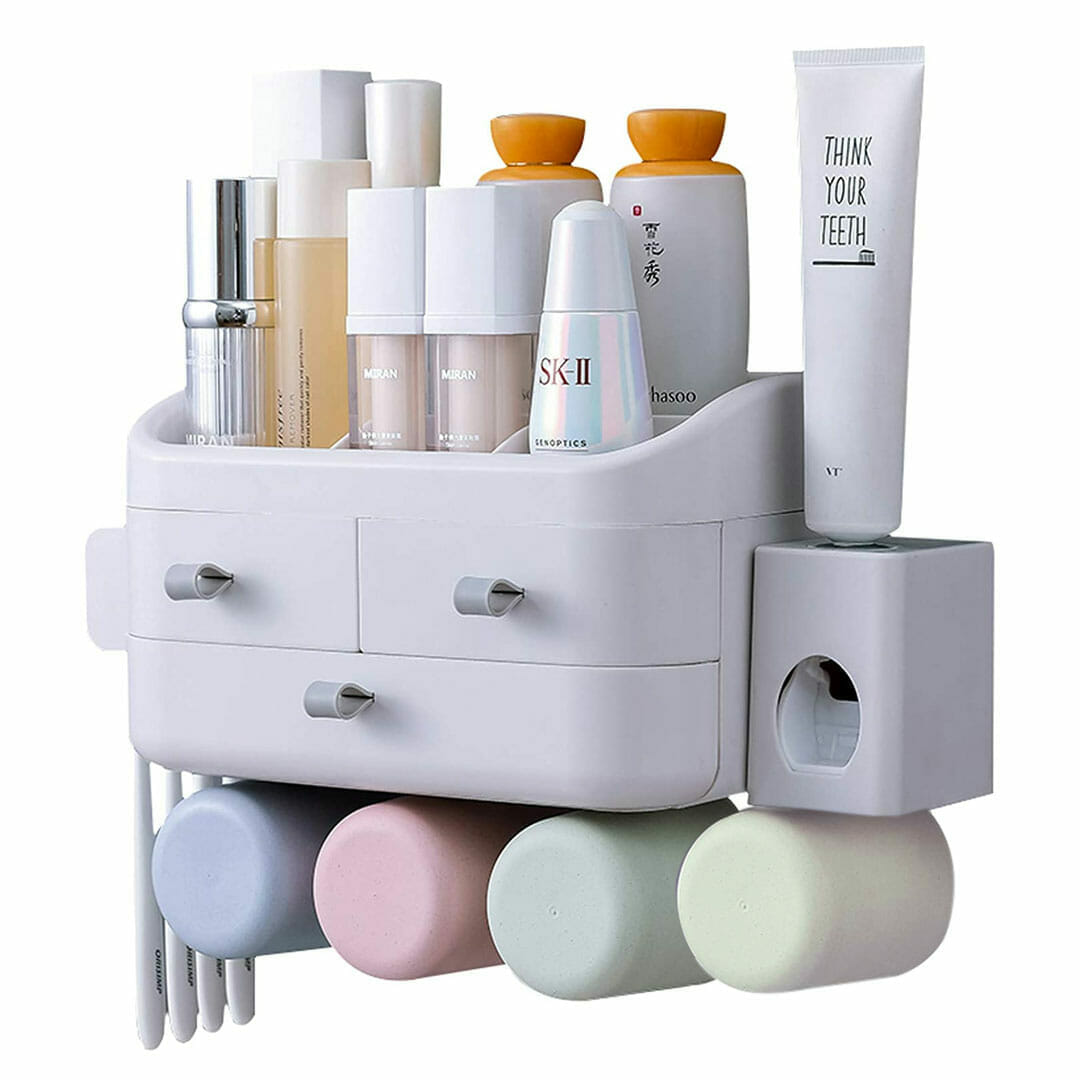 Cosmetic Storage Box with Toothpaste Dispenser Squeezer and holder