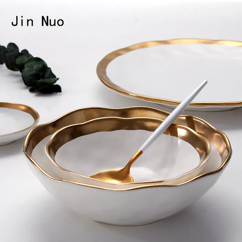 Matte Black Ceramic Plates with Gold Trim Dining Elegance