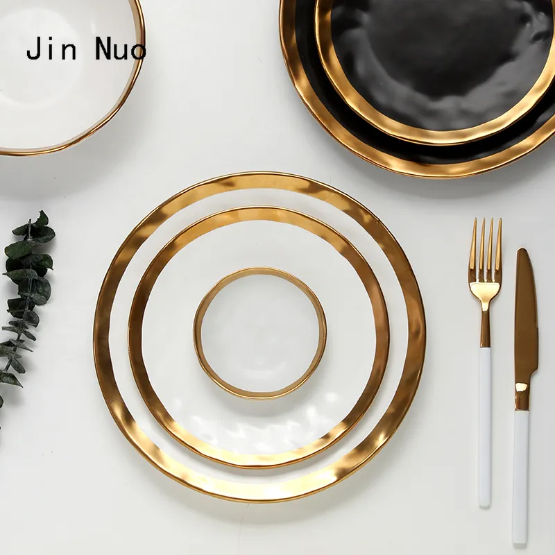 Matte Black Ceramic Plates with Gold Trim Dining Elegance
